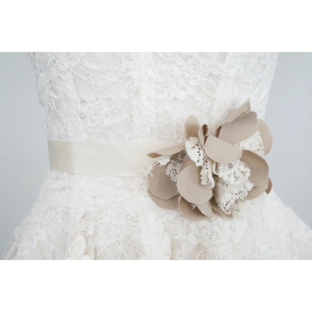 Ivory Lace Bridal Sash with Beige Flower Accent